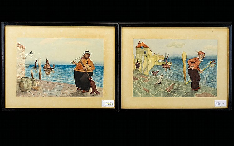 F.Vickers Pair of Watercolour Cartoon Sketches, coastal landscapes with a