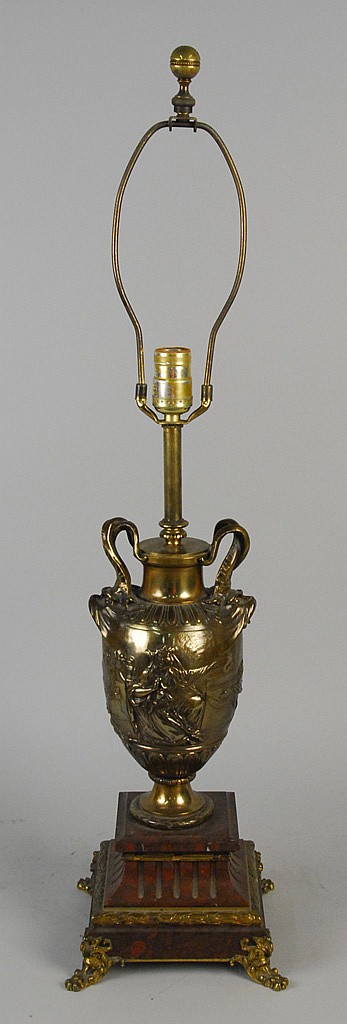 NEOCLASSICAL PATINATED BRONZE AND ROUGE MARBLE URN FORM LAMP,
