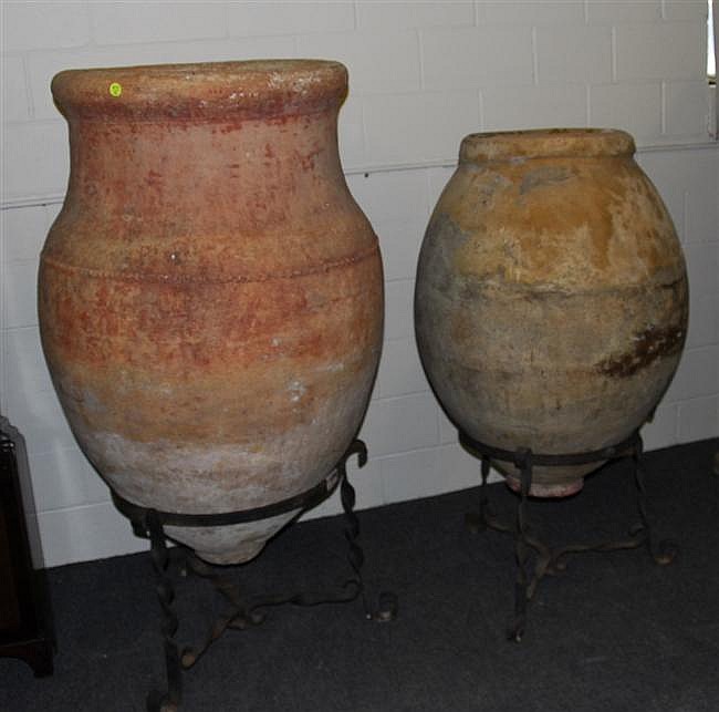 TWO LARGE AMPHORA FORM TERRACOTTA URNS;