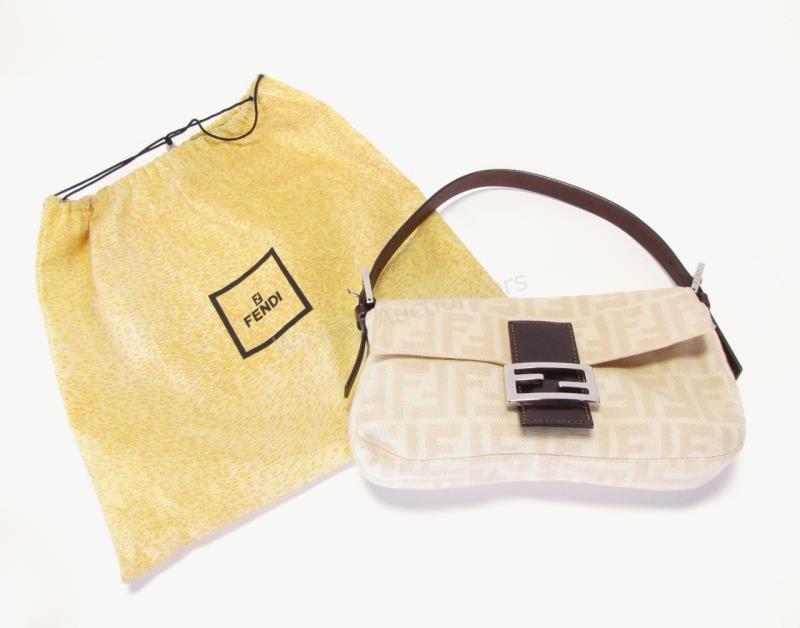 Fendi Zucca White and Tan Monogram Baguette