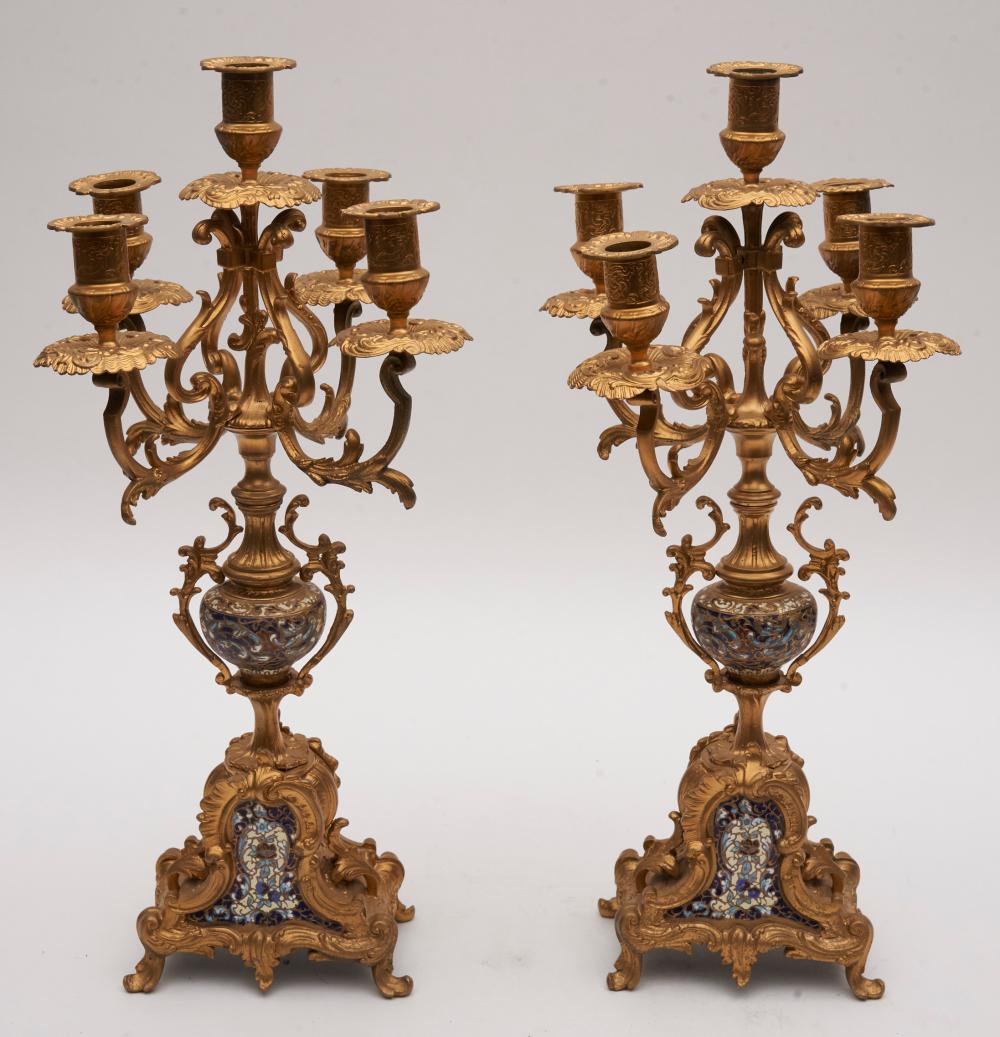Pair of French Gilt Metal and Champleve Enamel Candelabra 19.5"