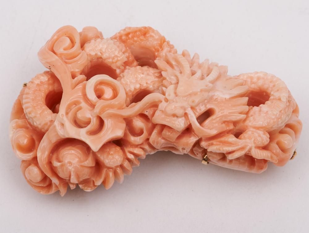 A Chinese Carved Coral Brooch, Dragon, 18k Mounting 2.75"