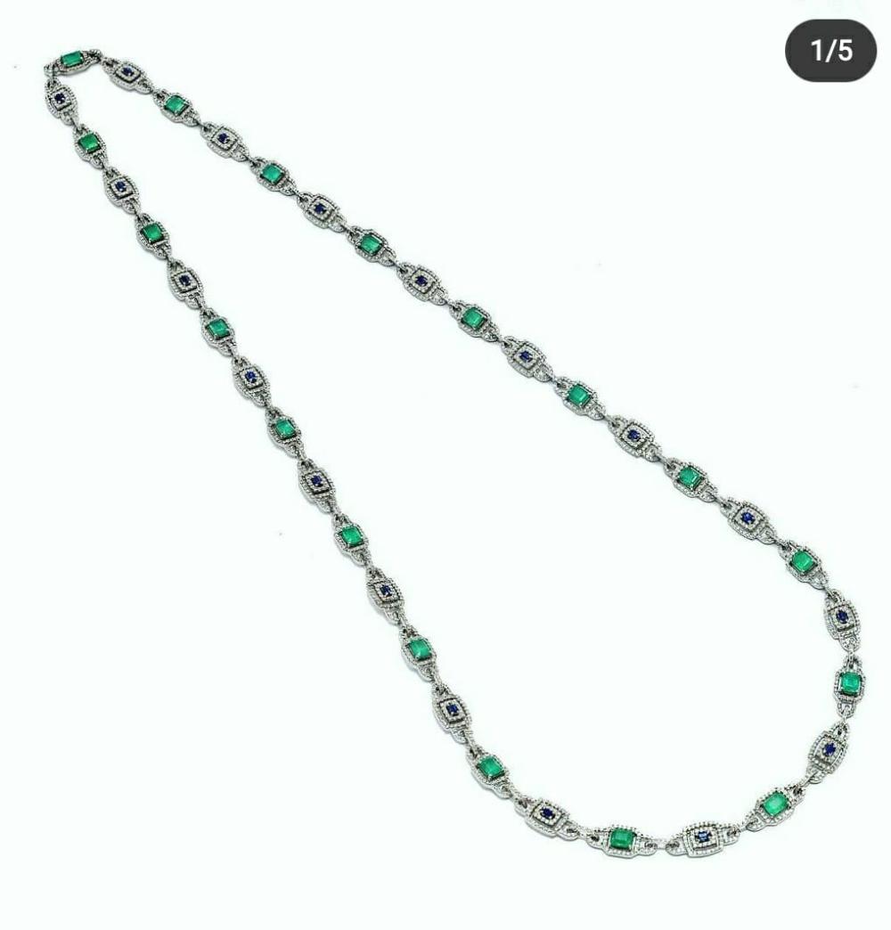 Sterling Silver and Natural Emerald, Blue Sapphire and Diamond Handmade Long Chain Necklace