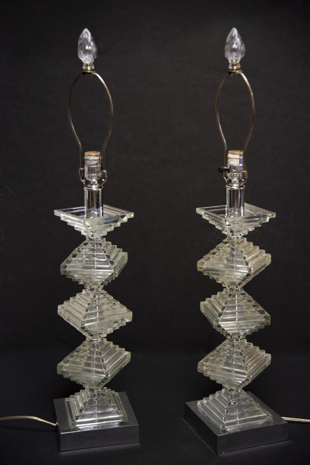 A Pair of Mid Century Stacked Glass Table Lamps Height: 19 inches