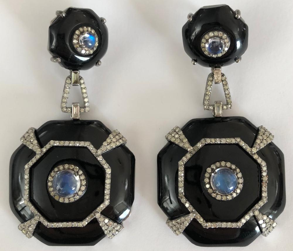 14K Gold and Silver Black Onyx, Moonstone and Diamond Handmade Earrings