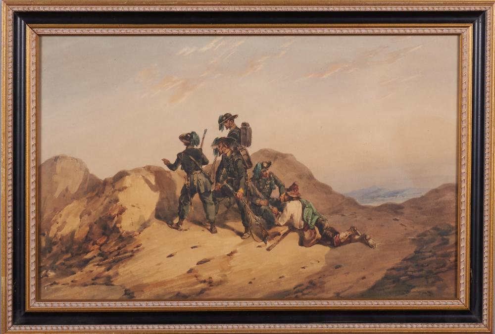 Orlando Norie, United Kingdom (1832 - 1901), Soldiers at an Embankment, watercolor, 11 1/2 x 18 inches