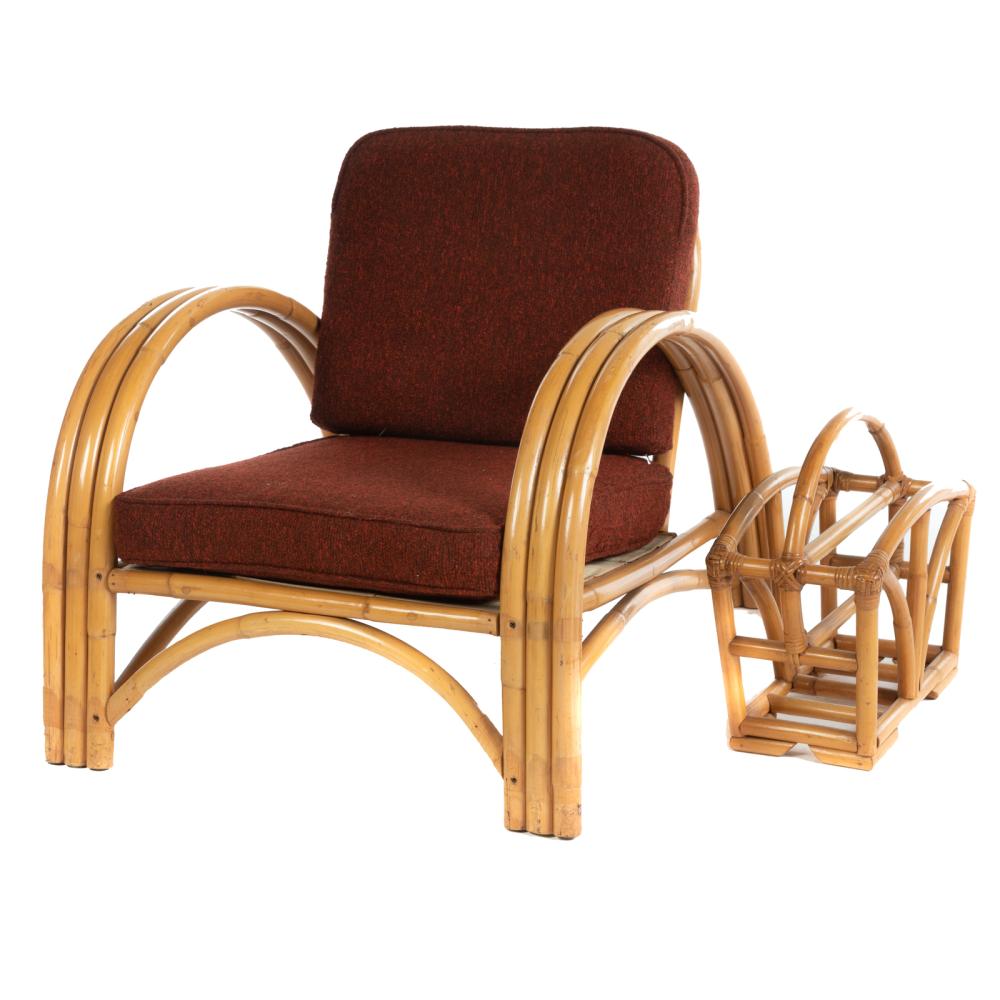Paul Frankl Style Rattan Arm Chair & Magazine Rack