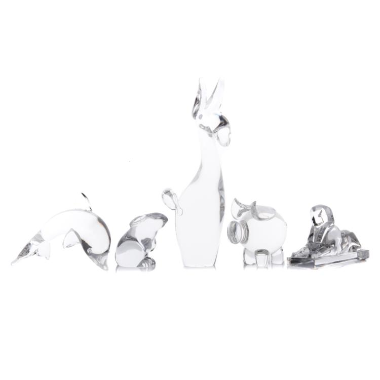 Five assorted Steuben and Baccarat crystal animals