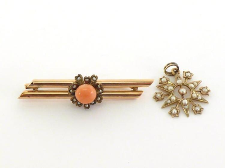 A late 19th century coral and seed pearl bar brooch