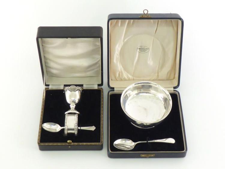 A silver christening bowl and spoon by Horton & Allday