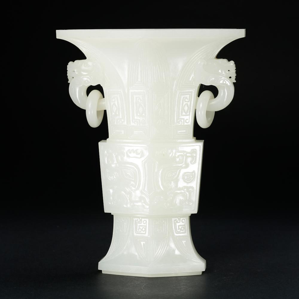 Chinese White Jade Taotie Mask Gu Vase