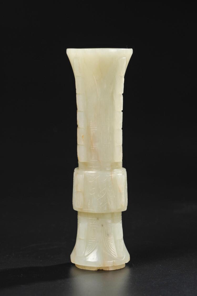 CHINESE ARCHAISTIC WHITE JADE GU VASE