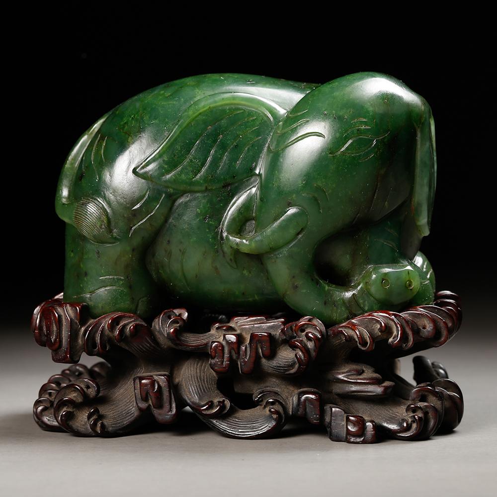 Chinese Spinach Jade Carved Elephant