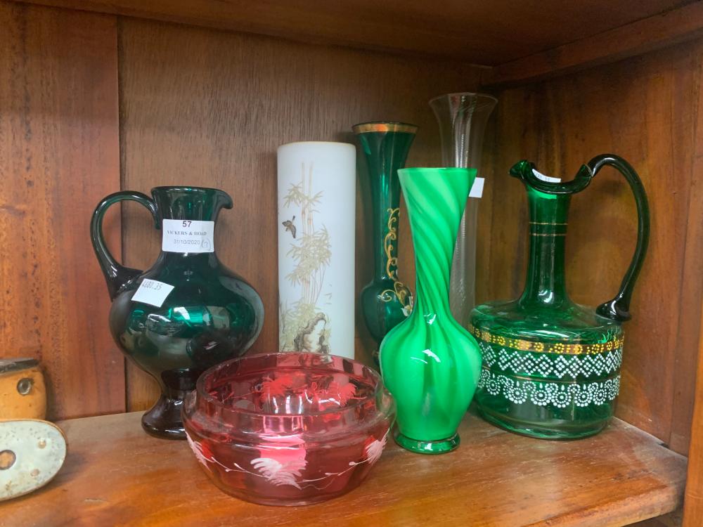 Assortment of antique and art glass, approx 25cm H and shorter