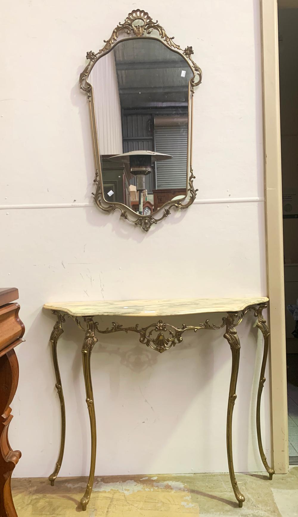 Vintage 1960's pierced brass surround wall mirror and console