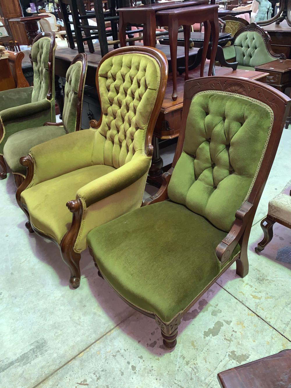 Two antique chairs with green upholstery (2)