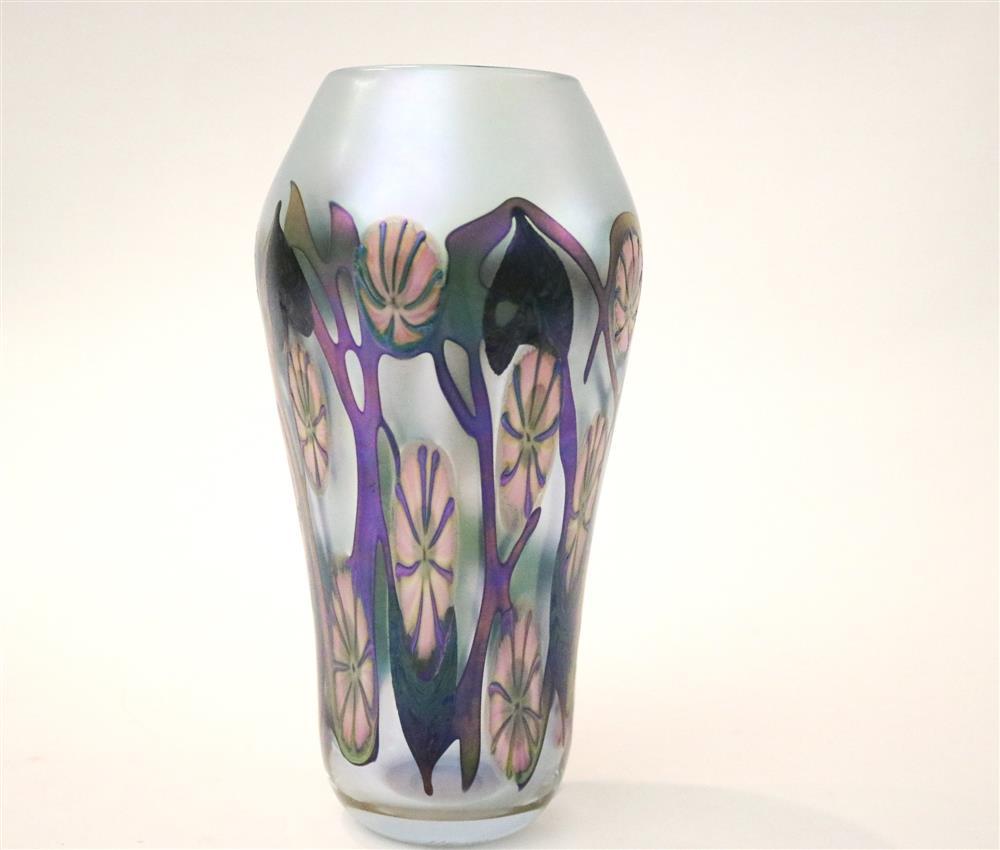 JOHN LOTTON MULTIFLORA IRIDESCENT ART GLASS VASE, 1991,