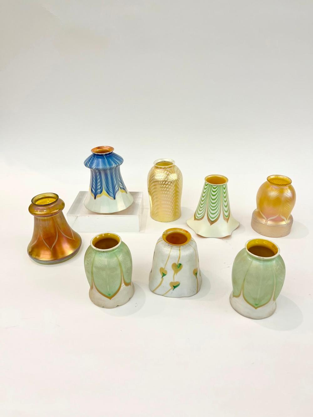 GROUP EIGHT ASSORTED FAVRILE AND OTHER ART GLASS LAMP SHADES. - Tallest, H: 6".