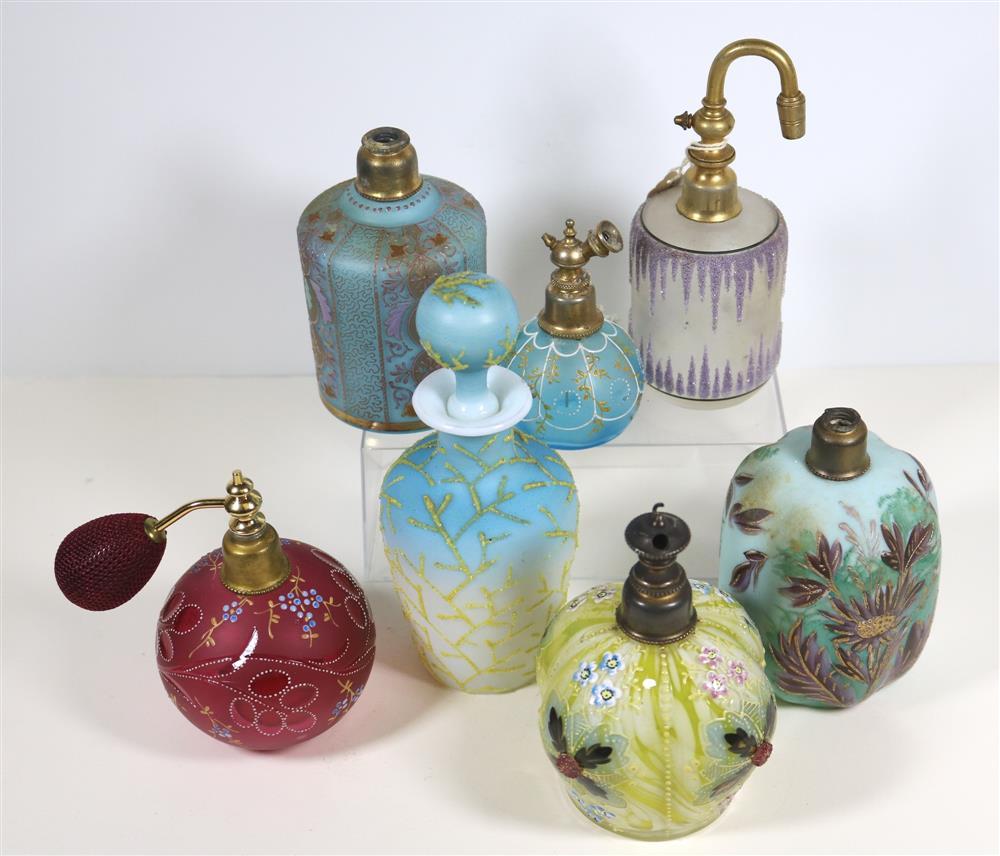 SIX ASSORTED PERFUME ATOMIZERS AND ONE STOPPERED COLOGNE BOTTLE