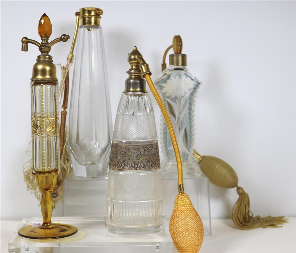 FOUR VARIOUS COLORLESS CRYSTAL PERFUME ATOMIZERS, - Tallest, H: 8 3/4 in.