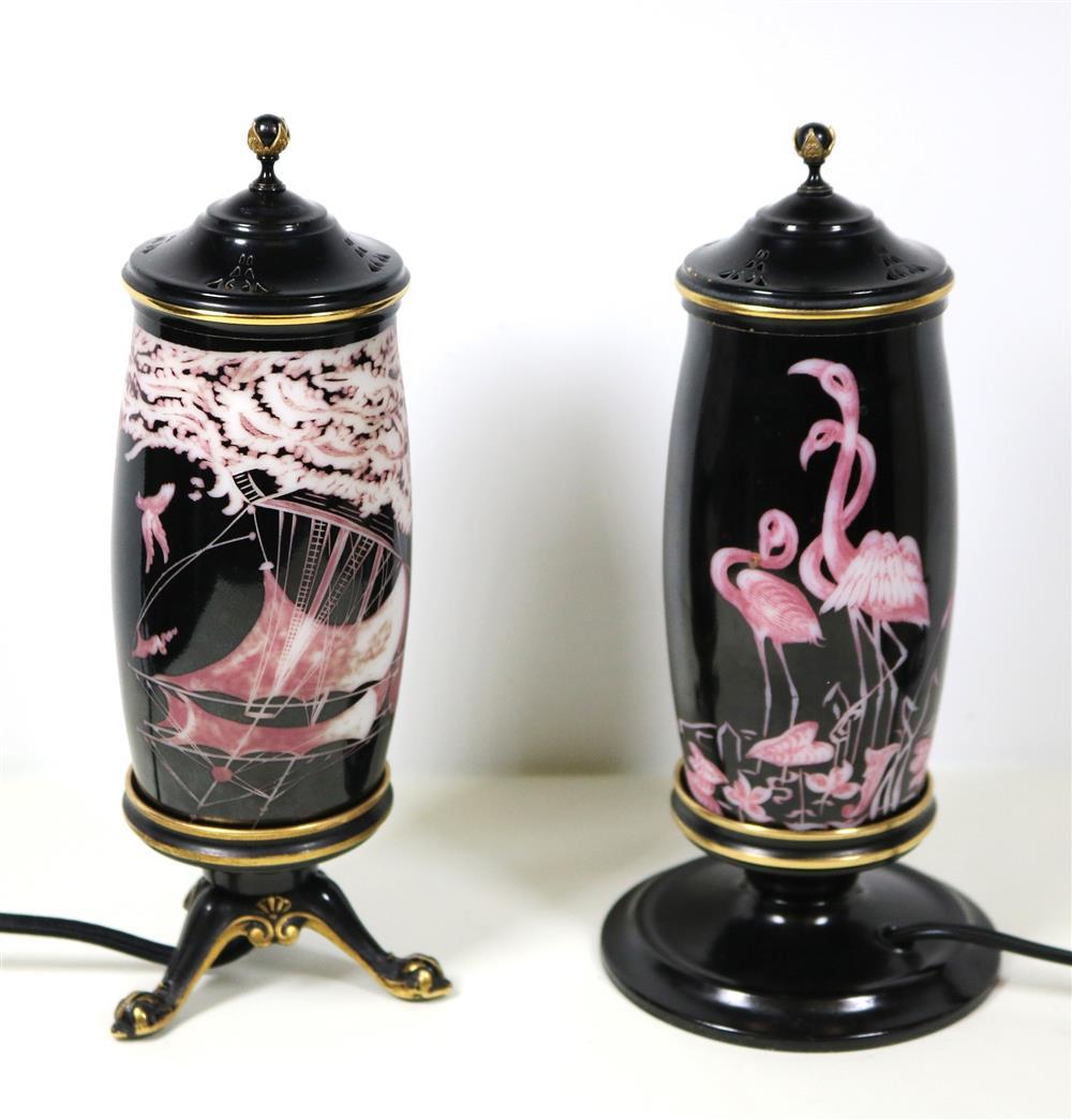 ART DECO METAL-MOUNTED ENAMELED BLACK GLASS PERUME LAMPS. - H: 8 1/4 in.
