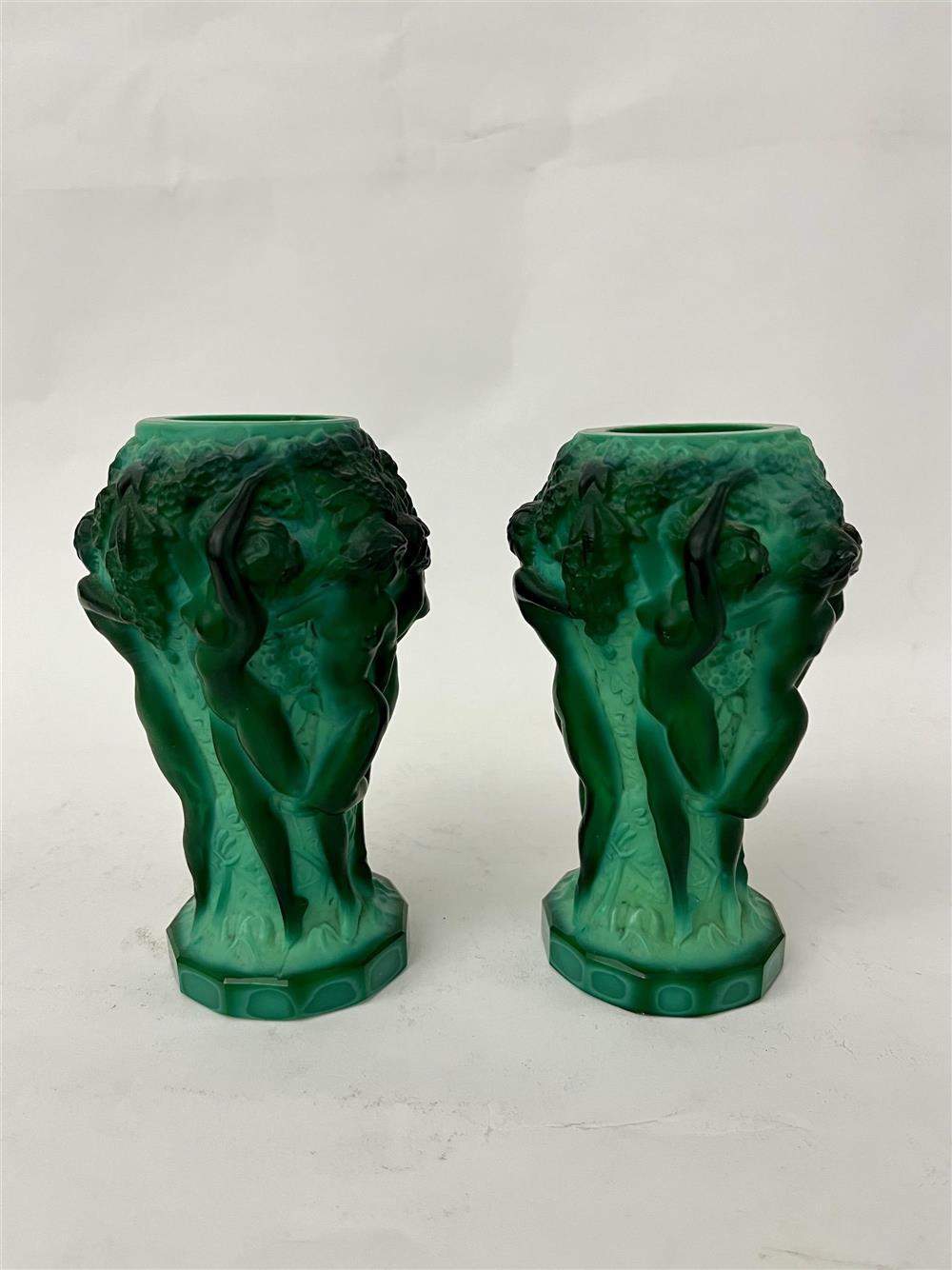 PAIR H. HOFFMANN ART DECO MALACHITE GREEN SWIRLED SLAG...