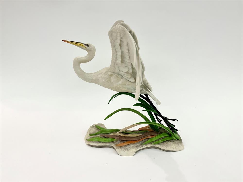 SIGNED BOEHM PORCELAIN SCULPTURE MODELED AS "THE GREAT EGRET", 1982, - H: 12 in.