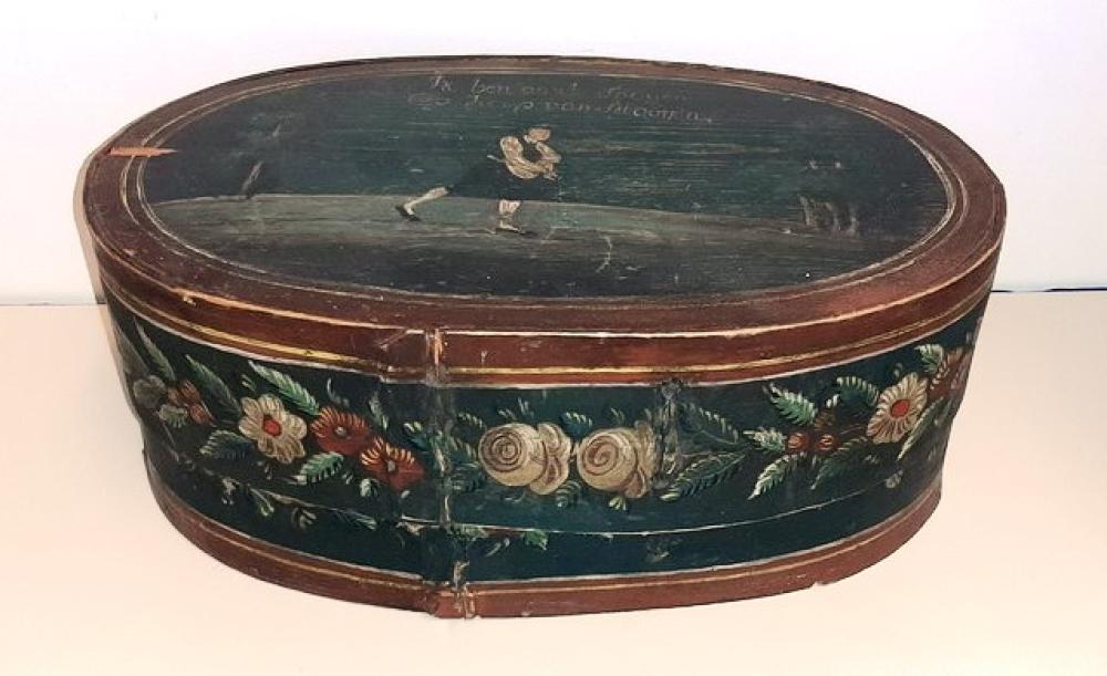 SWEDISH PAINTED PINE LIFT-COVER OVAL FOLK ART DECORATED BOX