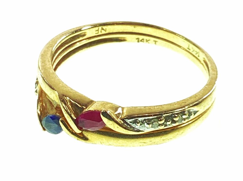 14K Gold, Blue Sapphire, Ruby & Diamond Ring