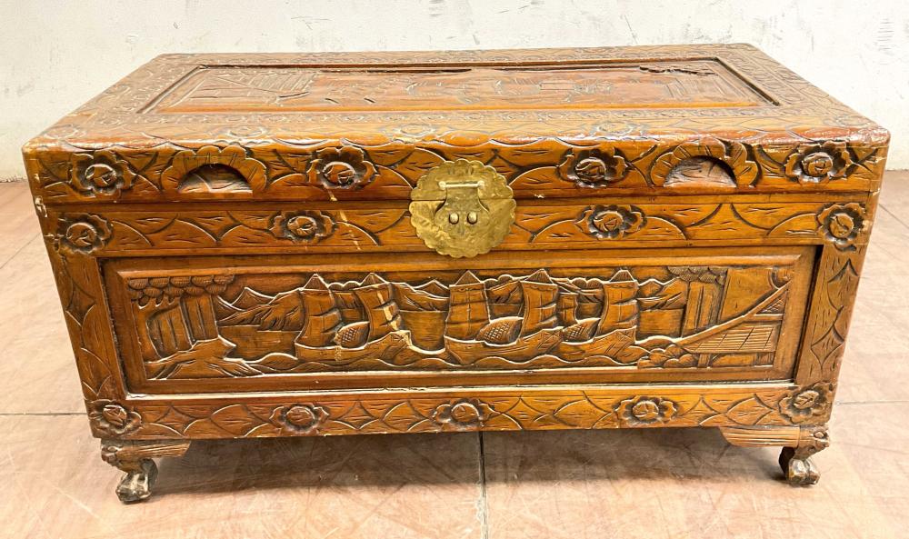 Chinese Carved Camphor Wood Trunk / Chest