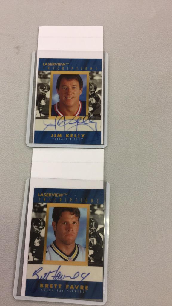 Brett Favre and Jim Kelly autographed football