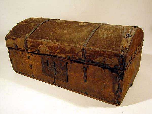 ANTIQUE 19th CENTURY DEERHIDE TRUNK Wrought Iron Lock Oak Wood