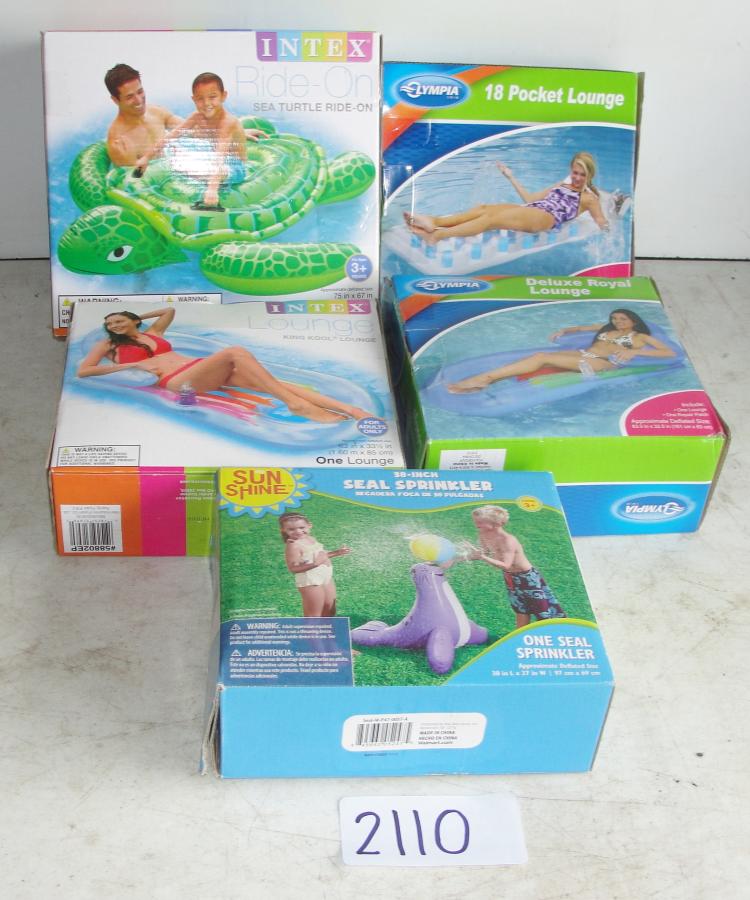 Grouping of Inflatable Beach or Pool Rafts, Lounge Chairs and Lawn Sprinkler