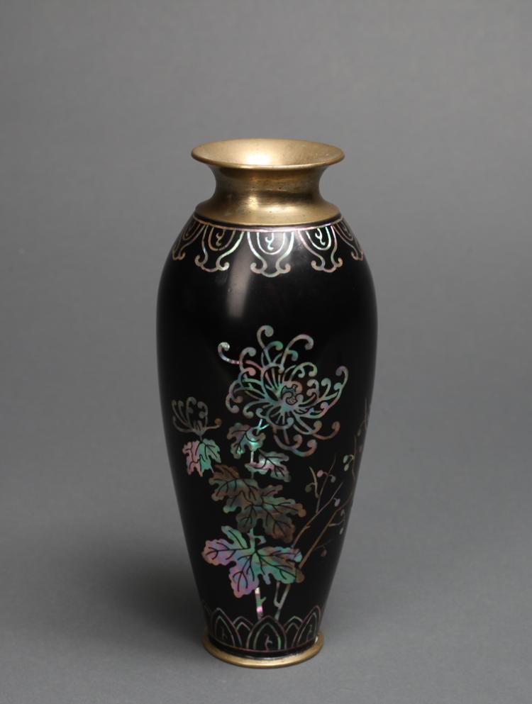 Antique Chinese Inlaid Stone and Brass Vase