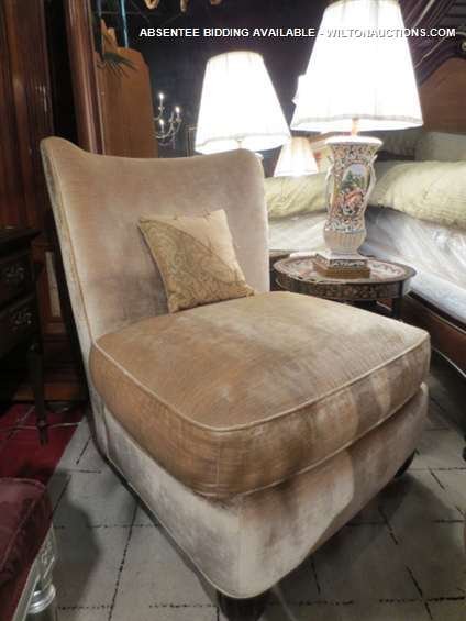 256: VELVET BAKER FURNITURE SLIPPER CHAIR, LIGHT BEIGE/