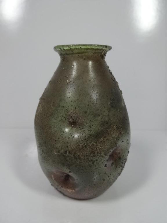 ANCIENT GLASS VESSEL, GREEN/BROWN, APPROX 3"H