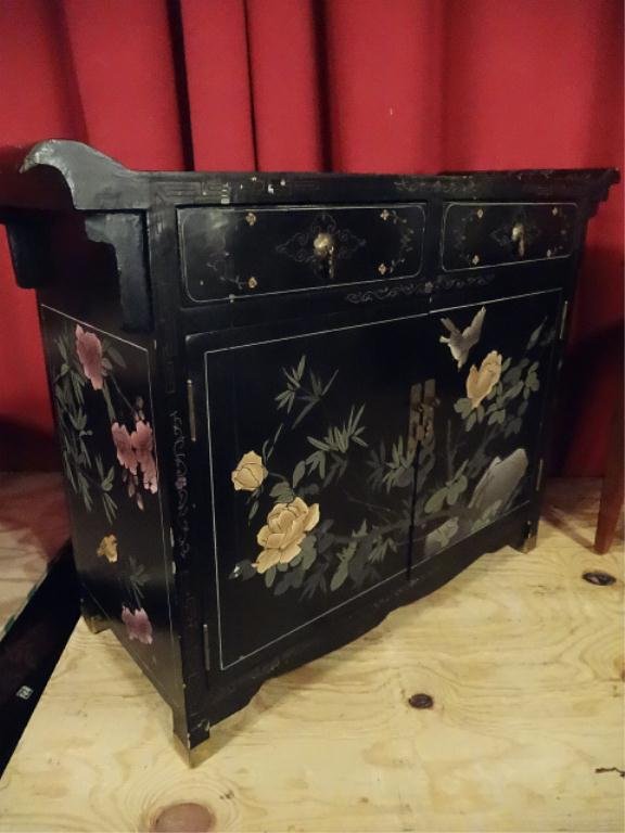 CHINESE BLACK LACQUER CABINET, ALTAR STYLE TOP, PAINTED