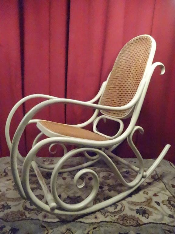 THONET STYLE BENTWOOD ROCKER, WHITE FINISH, CANE SEAT