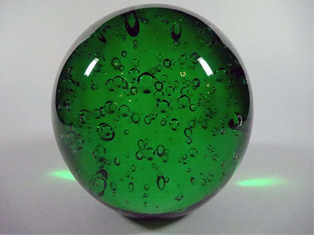 GREEN BUBBLE GLASS PAPERWEIGHT, SMALL BUBBLES, APPROX