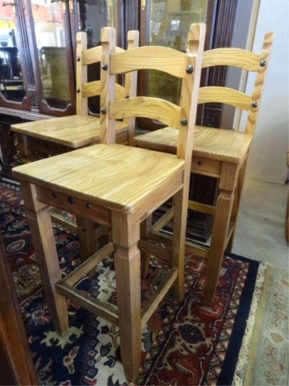 3 RUSTIC PINE BARSTOOLS WITH LARGE NAILHEAD TRIM