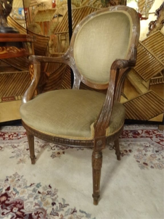LOUIS XVI STYLE OVAL BACK FAUTEUIL ARMCHAIR, CARVED