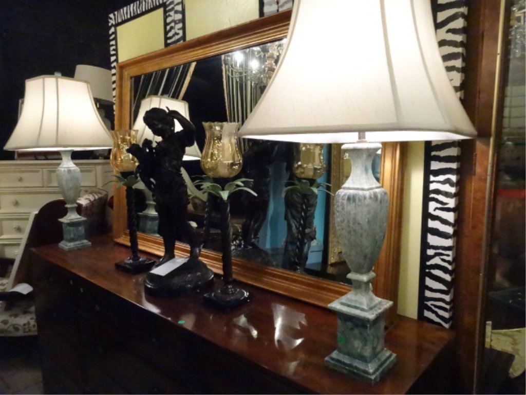 PAIR MARBLE LAMPS, BLUE/GREEN, CARVED URN SHAPE BASES