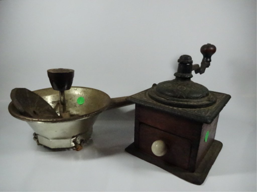 2 GRINDERS, INCLUDES COFFEE GRINDER WITH WOODEN BOX