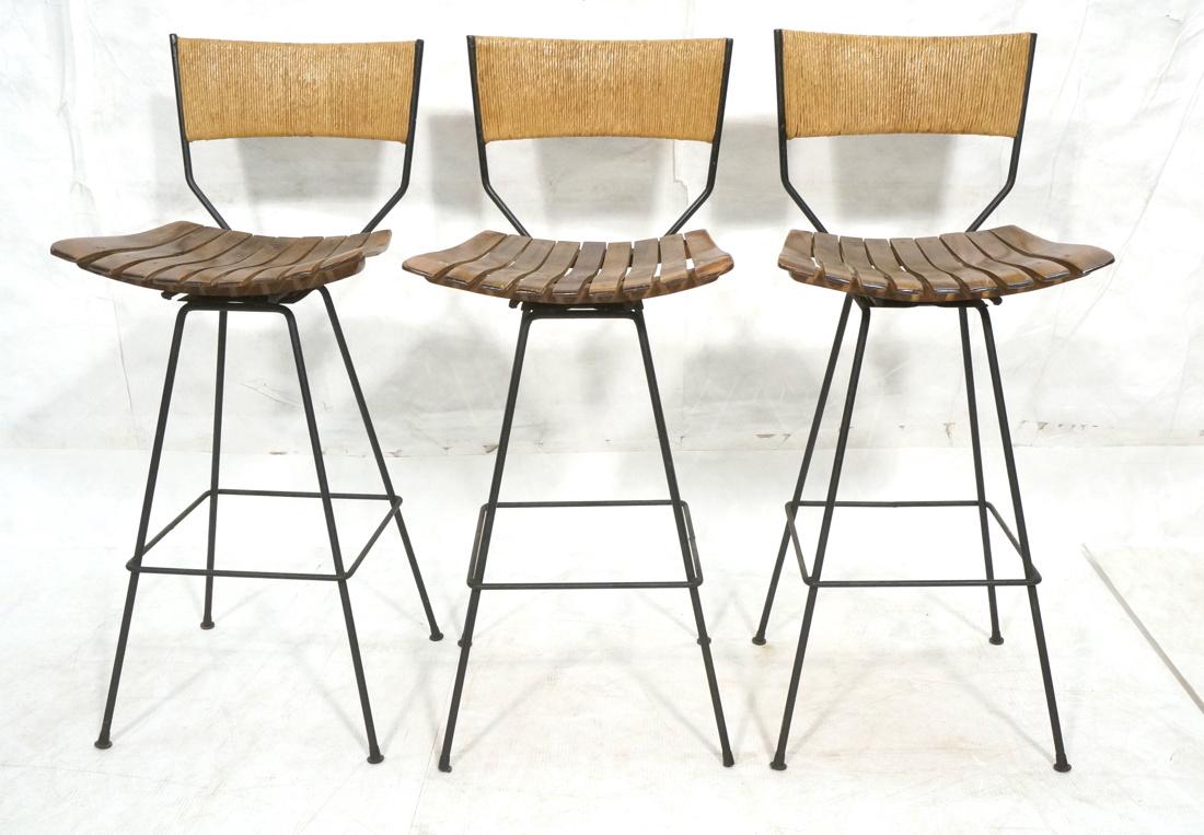 Set 3 ARTHUR UMANOFF Slat Seat Bar Stools. Black