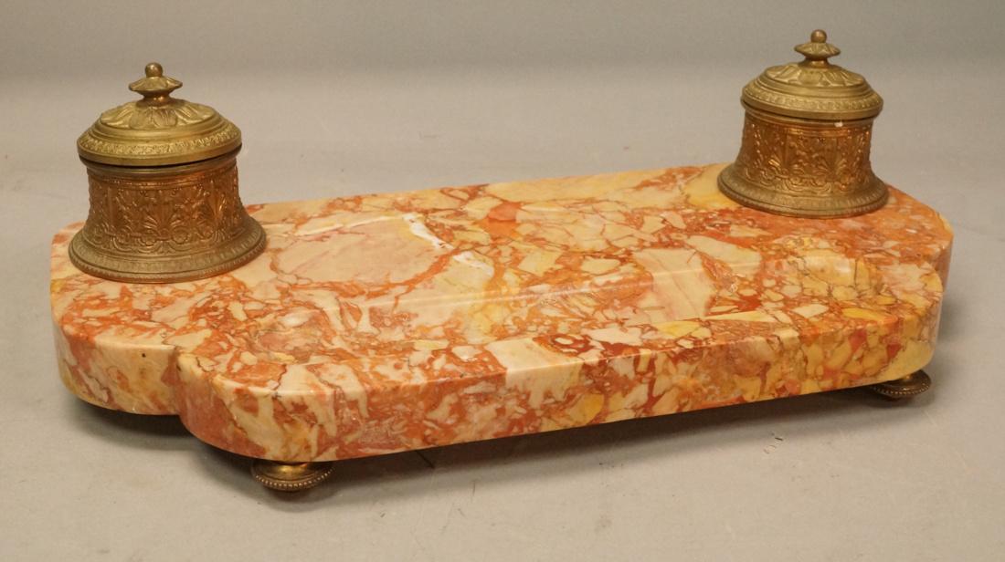 French Gilt Bronze Marble Inkwell Desk Accessory.