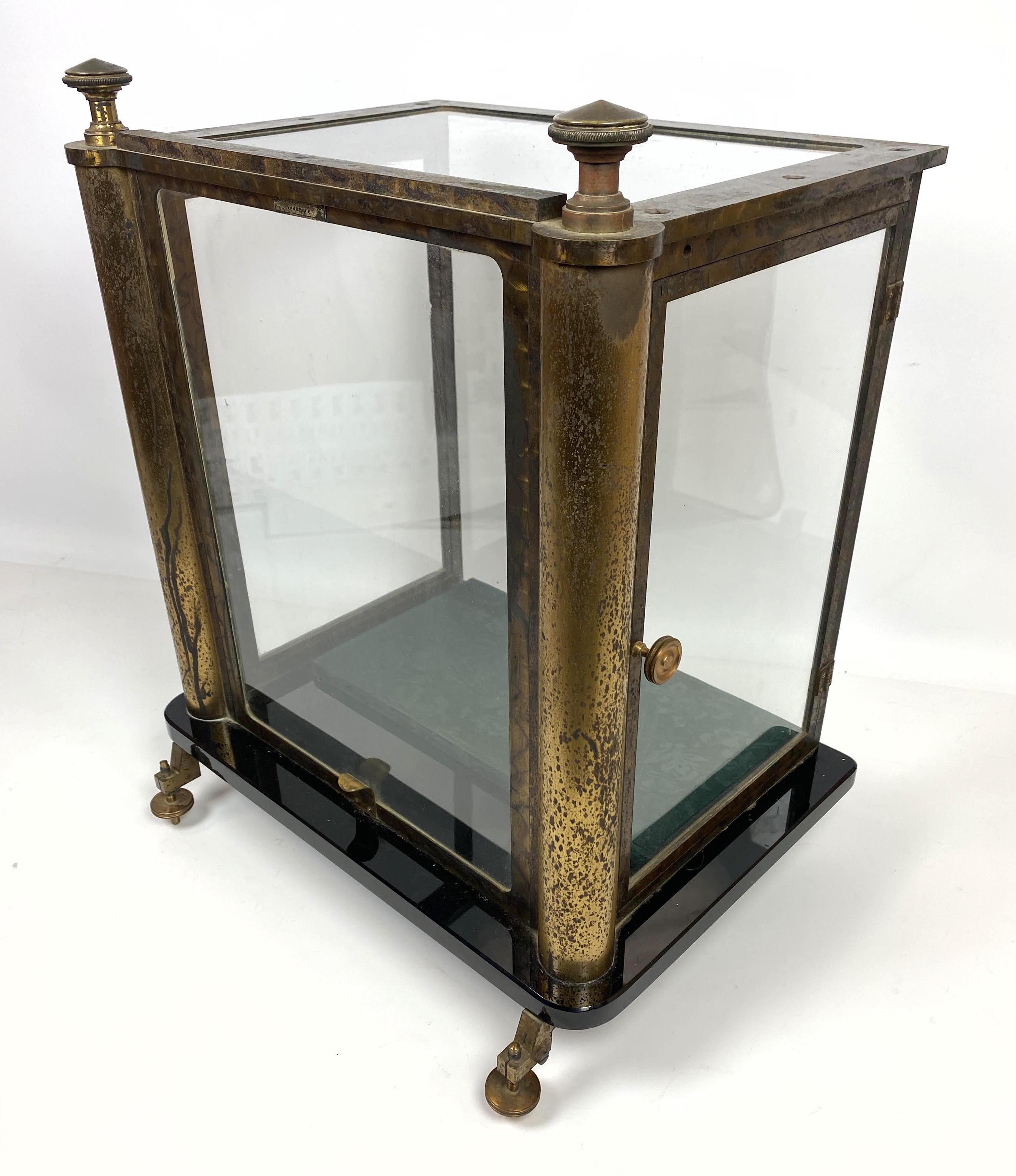 Antique Instrument Case Display. Brass and Black Glass