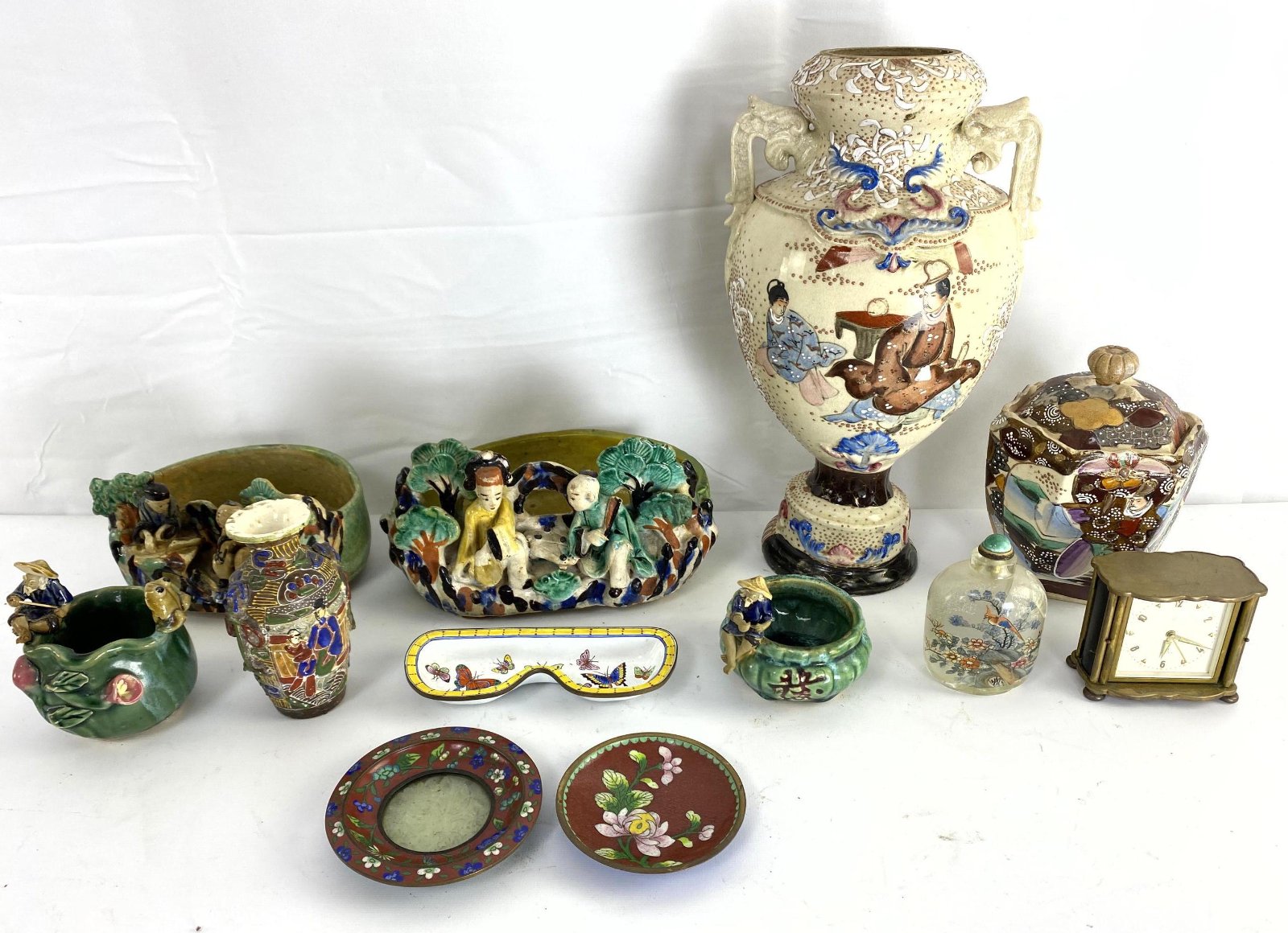Lot of Asian Collectibles. Vases, figures, clock. Talle