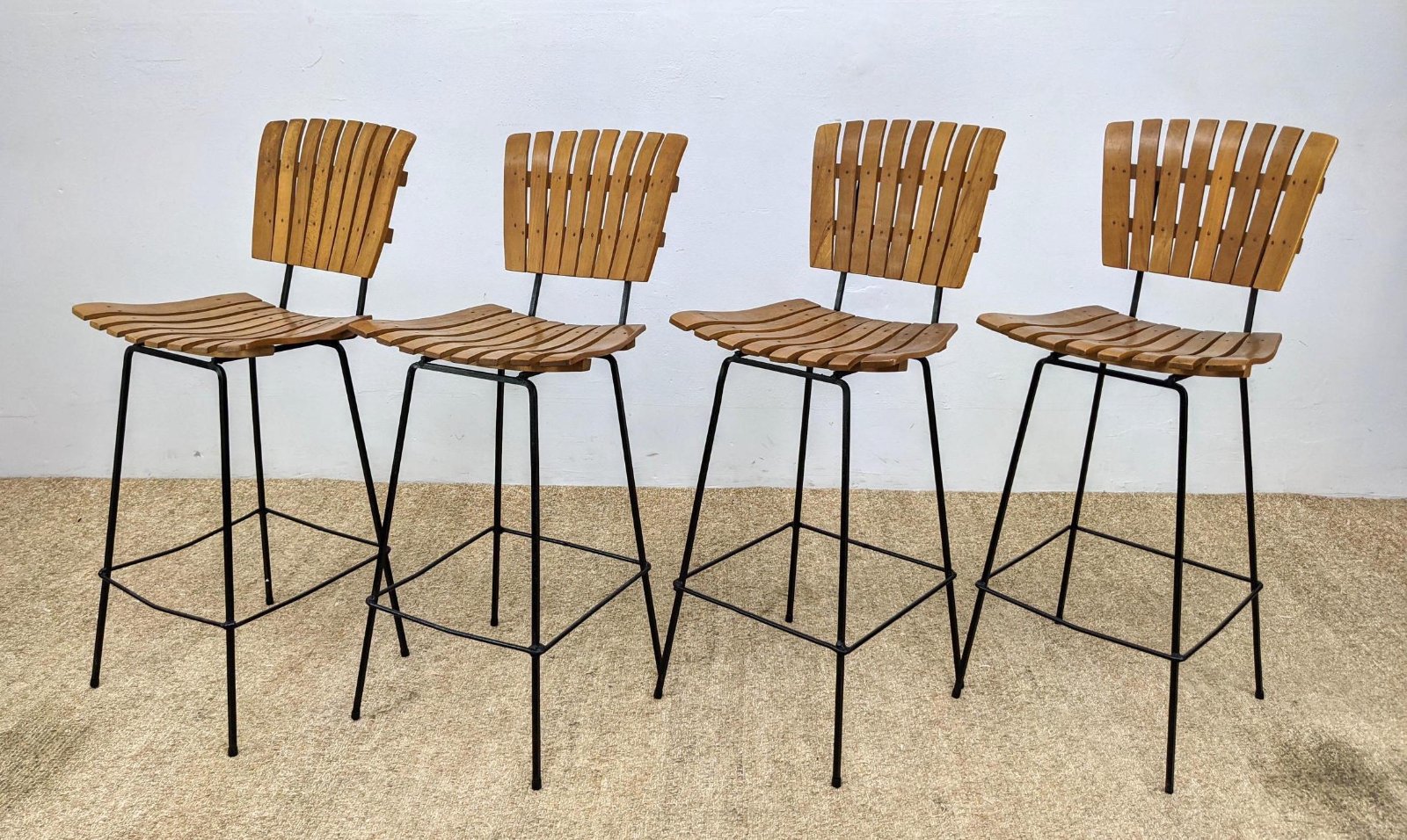 4 ARTHUR UMANOFF Wood Slat Bar Stools. Slat back & sea