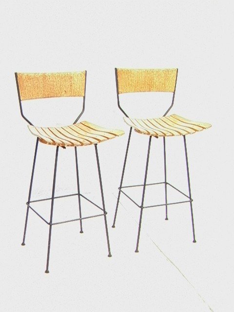Pr ARTHUR UMANOFF Iron Rush Back Bar Stools. Wood