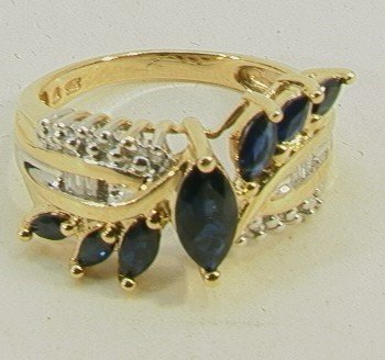 10K Gold Sapphire Diamond Ring. Marquise Sapphires